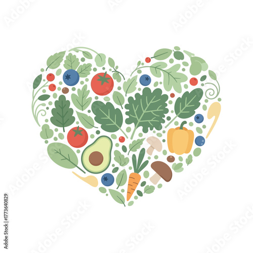 Vegetable and Fruit Heart: Stylized Wreath Graphic of Plant-Based Food Mosaic, Healthy Eating, Vegan Diet Symbol, Superfood Mix