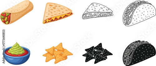 An assortment of mexican food including tacos, burritos, and nachos