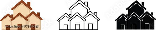 Three house icons in color outline and solid black on white background