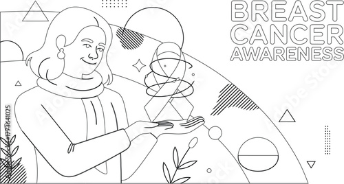 Woman Presenting Breast Cancer Awareness Ribbon Illustration With Geometric and Floral Design Elements