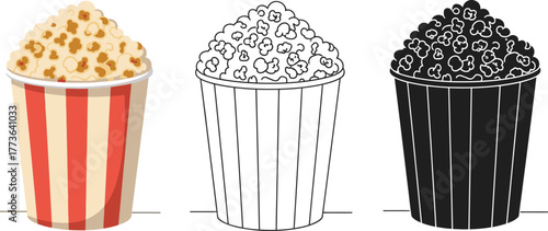 Three popcorn buckets in color line art and silhouette illustration
