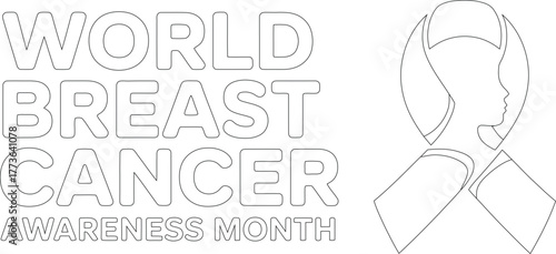 World Breast Cancer Awareness Month Outline with Ribbon and Woman Silhouette Illustration