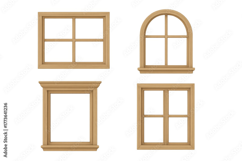 Obraz premium Different wooden window frames set architectural elements for house construction isolated transparent background