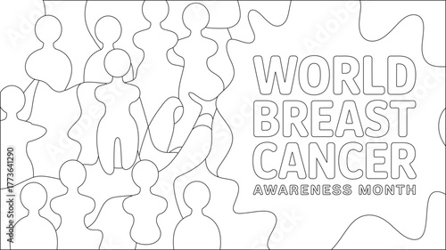 Outlined World Breast Cancer Awareness Month Text with Body Shapes Puzzle Pieces Illustration