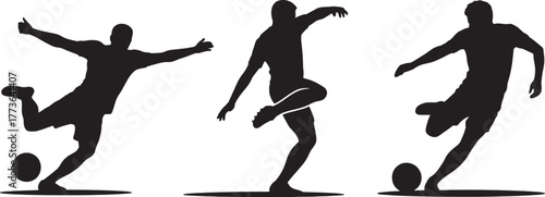 Three black silhouette soccer players in action kicking a ball on a white background football