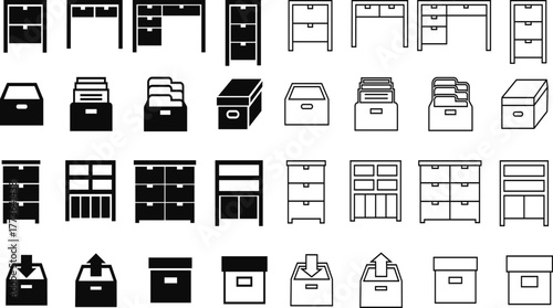 Cabinet vector icon set, office furniture, drawer storage, archive box, and file organizer collection, cupboard and filing cabinet group in black, flat, and line style vector illustration