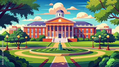 Very beautiful view of Foellinger Auditorium at the University of Illinois Urbana-Champaign, USA, seen from the main quad, featuring classic collegiate architecture, green lawns, and a serene campus a