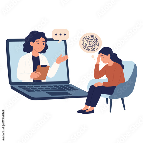 Online therapy session with psychologist helping sad woman. Virtual mental health support. Telemedicine counseling.