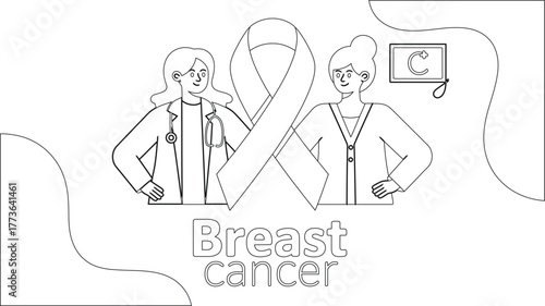 Outlined Illustration Doctor, Patient, Breast Cancer Ribbon, and Awareness Pin for Support and Prevention