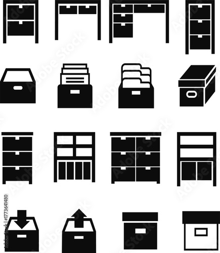 Cabinet vector icon set, office furniture, drawer storage, archive box, and file organizer collection, cupboard and filing cabinet group in black, flat,  style vector illustration