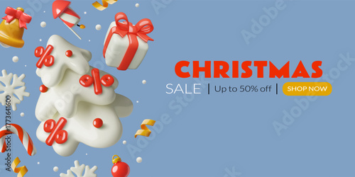 Winter holiday sale and discount banner concept. Snowy 3D Christmas tree decorated with percentage signs. Vector illustration. 
