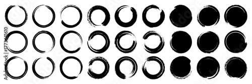 Grunge circles, brush strokes, lines, ink smudges, hand-drawn scribble shapes. Handmade sketchy marks, acrylic stains, charcoal streaks. Paint textures, dry brush effect. Vector illustration