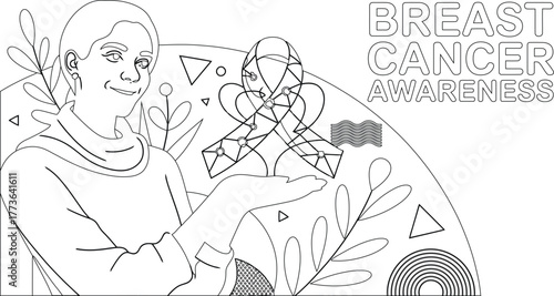 Outlined Featuring a Woman Presenting a Breast Cancer Awareness Ribbon and Geometric Shapes