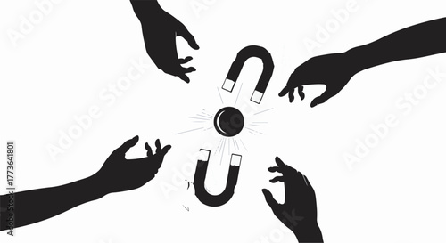 Hands reaching for a central attraction, symbolizing connection and shared focus.