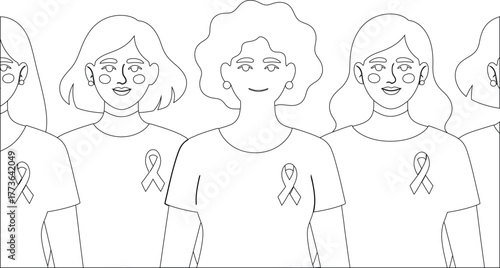 Line Art Women Wearing Breast Cancer Awareness Ribbons on TShirts, Showing Support and Solidarity