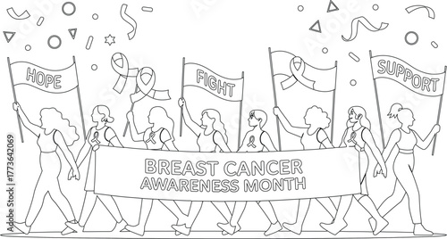 Line Art Women's March for Breast Cancer Awareness Month with Ribbons, Flags, and Confetti