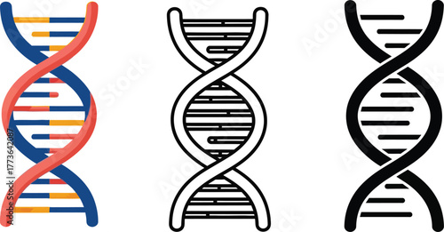 Three dna helix illustrations in color outline and solid black style