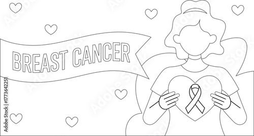 Line Art Woman Holding Heart With Ribbon for Breast Cancer Awareness, Hearts Background
