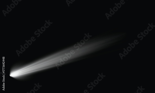 A bright comet with a long glowing tail streaks across the dark expanse of deep space