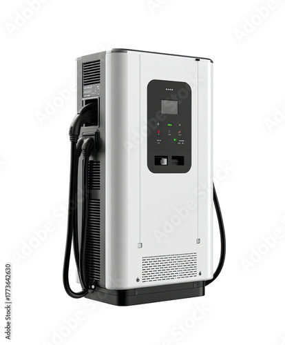 Modern white electric vehicle charging station with dual cables