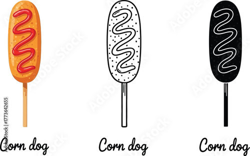 Three corn dogs in color line art and silhouette on a white background