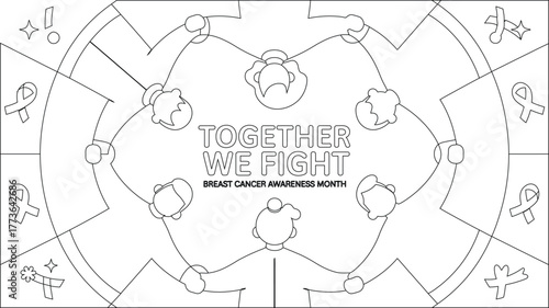 Line Art Featuring People Holding Hands With Breast Cancer Awareness Ribbons and Stars