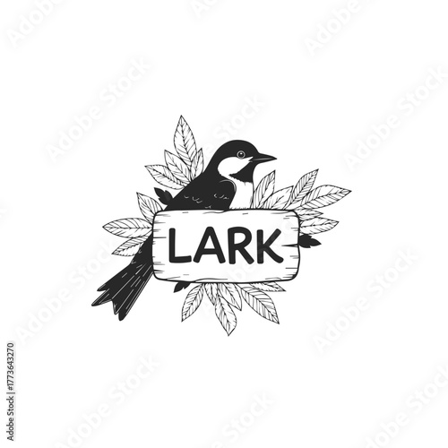 Lark Bird Illustration on Wooden Sign with Leaves.