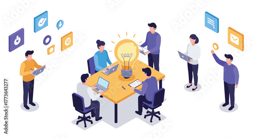 Collaborative team meeting with innovative technology in isometric style