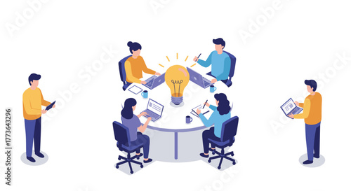 Creative teamwork around light bulb idea at round table