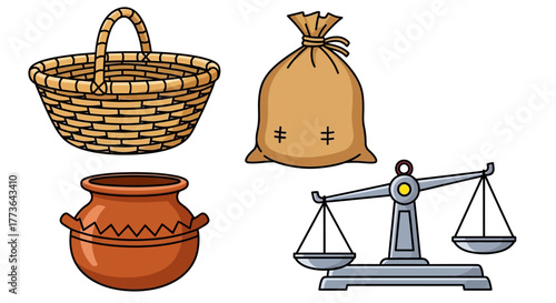 Collection vintage items including woven basket, burlap sack, clay pot, and balance scale, all isolated on