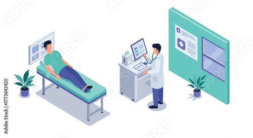 Modern healthcare clinic isometric design with doctor and patient interaction