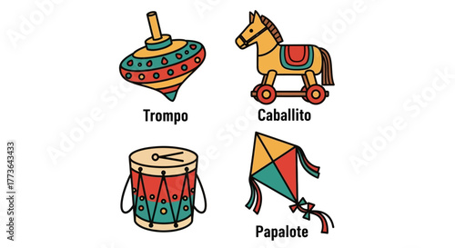 Collection four traditional mexican toys including spinning top, wooden horse on wheels, drum, and kite, all isolated on