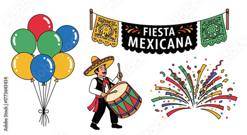 Vibrant mexican fiesta celebration with balloons, mariachi musician playing drum, festive banners, and colorful fireworks, all isolated on