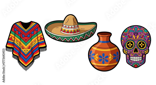 Group iconic mexican cultural elements featuring vibrant poncho, widebrimmed sombrero, an ornate clay pot, and colorful sugar skull, all isolated on