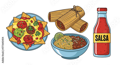 Traditional mexican food and drink, including nachos, tamales, rice and beans, and salsa, presented as colorful