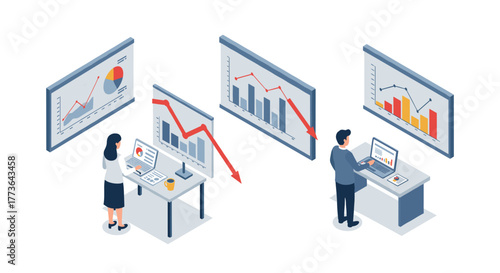 Business data analysis with isometric graphs and charts for strategic planning