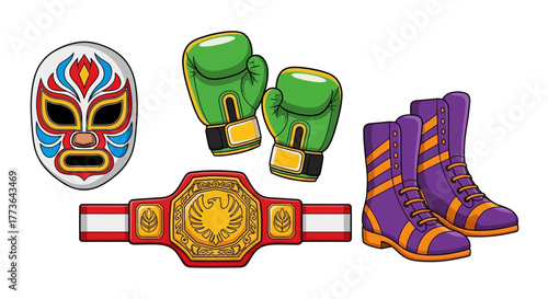 Collection wrestling accessories including colorful luchador mask, green boxing gloves, championship belt, and purple wrestling boots, all isolated on