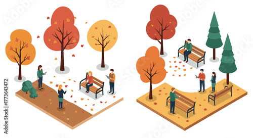 Isometric autumn park scene with people socializing among colorful trees