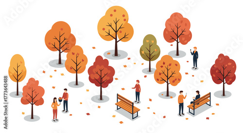 Autumn park scene with colorful trees and people enjoying fall activities in isometric style