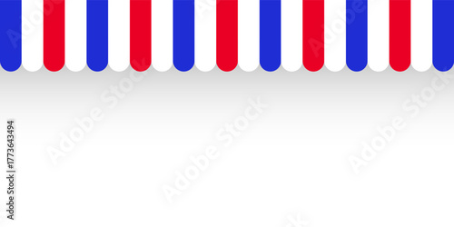 Shop sunshade. Realistic striped cafe awning. Outdoor market tent. Roof canopy in French flag colors. Summer street store. Vector illustration.