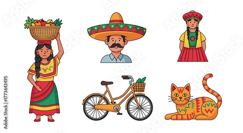 Collection mexican cultural elements including woman carrying basket fruit, man in sombrero, woman in traditional clothing, bicycle, and cat