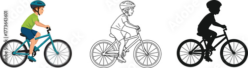 Illustration of boy riding bike in color line art and silhouette style