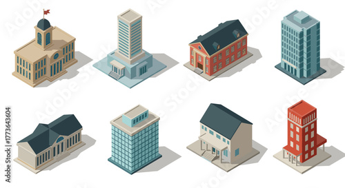 Isometric building collection: diverse architectural designs in modern style