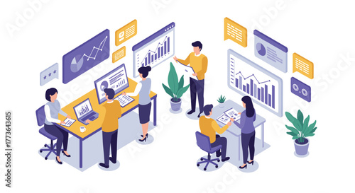 Isometric office team collaboration with data analysis and business growth charts