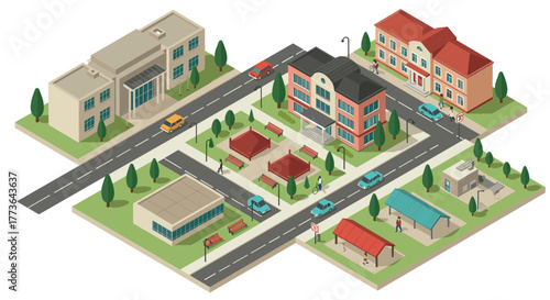 3d isometric city block with buildings and streets