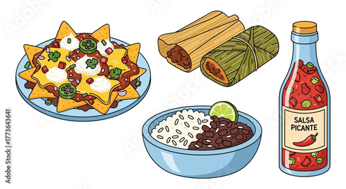 Plate nachos, tamales, rice and beans, and bottle salsa