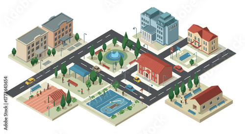 Charming isometric town scene with buildings and streets