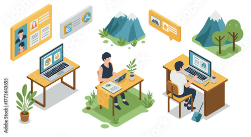 Remote work scenes in isometric style with people at desks, laptops, and nature elements