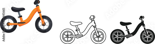 Three balance bikes one orange one line art and one in black silhouette