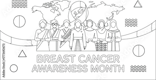 Diverse women united for Breast Cancer Awareness Month coloring page with geometric shapes and world map